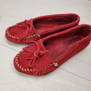 Minnetonka 406 Red Suede Kiltie Fringe Moccasins Womens 8 Driving Loafers Flats